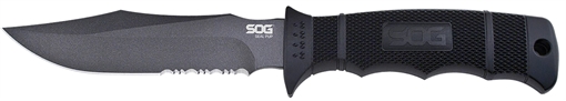 Picture of SOG Knives & Tools Seal Pup, Fixed Blade Knife, 4.75" Partially Serrated, Clip Point, Black Glass Reinforced Nylon Handle, AUS-8 Steel, Hardcased Finish, Black, Includes Kydex Sheath SOG-M37K SOGM37K