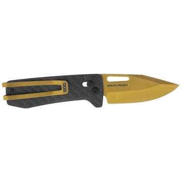 Picture of S.O.G SOG-12-63-02 Ultra XR 2.80" Folding Clip Point Plain Gold TiNi Cryo S35NV Steel Blade/Black Textured Carbon Fiber Handle Includes Pocket Clip SOG12630257