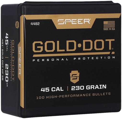 Picture of Speer Ammunition Gold Dot, .451 Diameter, .45 Caliber, 230 Grain, Hollow Point "Short Barrel" Bullet, 100 Count 07668302 4482