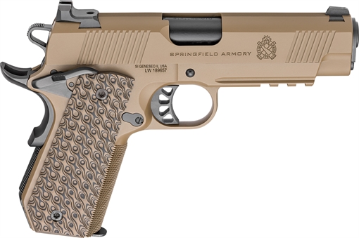 Picture of Springfield Tactical Response Pistol, Carry Contour, Semi-automatic, 1911, Metal Frame Pistol, Commander Size, 45 ACP, 4.25" Match Grade Barrel, Cerakote Finish, Coyote Brown, VZ Grips Hydra G10 Grips, Tactical Rack 3-Dot Night Sights, 7 Rounds, 3 Rounds PC9124LRCB-CC