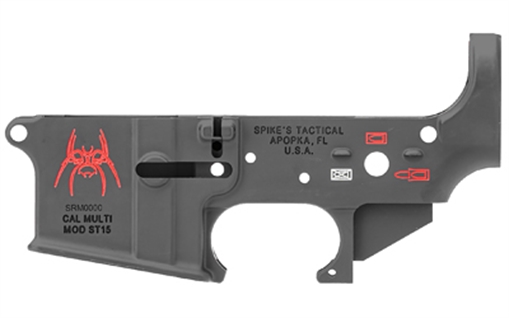 Picture of Spikes Spider Stripped Lower Receiver Multi-Caliber 7075-T6 Aluminum Black Anodized with Color Fill for AR-15 STLS019CFA