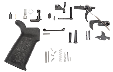Picture of Spike's Tactical Lower Receiver Parts Kit Standard, 223 Rem/556NATO, Rounded Hammerand Hammer Spring, Trigger and Trigger Spring, Disconnector and Disconnector Spring, Safety Selector, Detent, Spring, Bolt Catch, Roll Pin, Plunger, Magazine Catch, Trigger Guard, A2 Pistol Grip. Black Finish SLPK101