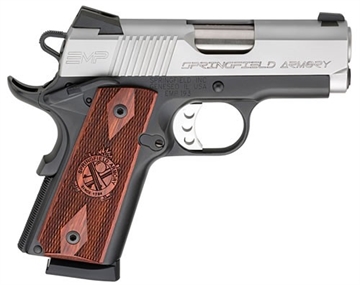 Picture of Springfield EMP, Semi-automatic, 1911, Micro Compact, 9MM, 3", Silver, Cocobolo, 9 Rounds, 3 Magazines, Match Grade, California Compliant, Ambidextrous, Tritium Night Sights, Stainless Steel PI9209LCA