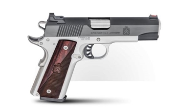 Picture of Springfield Armory 1911 Ronin 45 ACP 8+1, 4.25" Stainless Match Grade Steel Barrel, Salt Blued Serrated Carbon Steel Slide, Satin Cerakote Aluminum Frame w/Beavertail, Crossed Cannon Wood Grip PX9118L