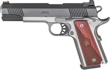 Picture of Springfield Ronin, 1911, Single Action Only, Semi-automatic, Full Size, 9MM, 5" Match Grade Barrel, Steel, Blued Slide, Stainless Frame, Wood Grips, Fiber Optic Front Sight, Tactical Rack White Dot Rear Sight, Manual Thumb Safety, 9 Rounds, 1 Magazines PX9119L