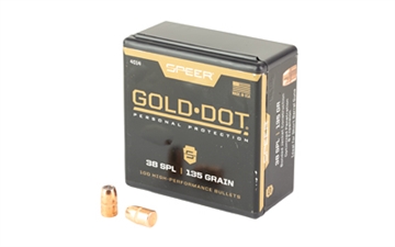 Picture of Speer Ammunition Gold Dot, .357 Diameter, .38 Caliber, 135 Grain, Hollow Point "Short Barrel" Bullet, 100 Count 07668305 4014