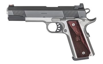 Picture of Springfield Ronin, 1911, Single Action Only, Semi-automatic, Metal Frame Pistol, Full Size, 10MM, 5" Match Grade Barrel, Steel, Blued Slide, Wood Grips, Stainless Frame, Fiber Optic Front Sight, Tactical Rack White Dot Rear Sight, Manual Thumb Safety, 8 Rounds, 1 Magazine PX9121L