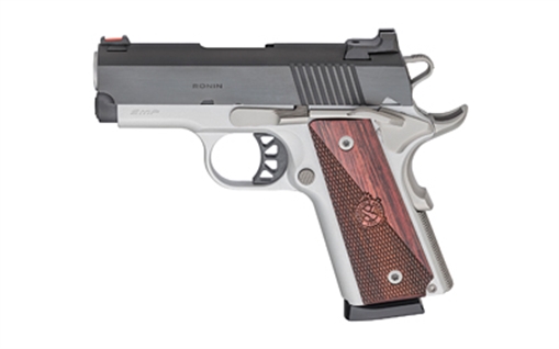 Picture of Springfield Armory 1911 Ronin EMP 9mm Luger 9+1 3" Stainless Match Grade Bull Steel Barrel, Blued Serrated Carbon Steel Slide, Satin Cerakote Aluminum Frame w/Beavertail, Textured Wood Grip PX9123L