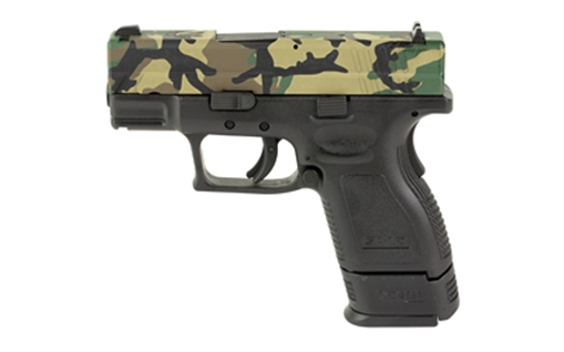 Picture of Springfield XD, Semi-automatic, Striker Fired, Sub-Compact, 9MM, 3", Custom M81 Woodland Camo Cerakote Finish Slide by Shark Coast Tactical, Black Frame, 1-16 Round Magazine, 1-13 Round Magazine With Grip Extension, Right Hand, Fixed Sights, Polymer, Melonite XDD9801HC-2