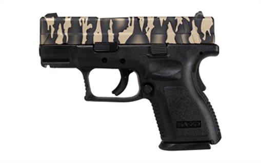 Picture of Springfield XD, Semi-automatic, Striker Fired, Sub-Compact, 9MM, 3", Tiger Stripe Camo Slide, Black Frame, 1-16 Round Mag, 1-13 Round Mag With Grip Extension, Right Hand, Fixed Sights, Polymer, Cerakote XDD9801HC-2
