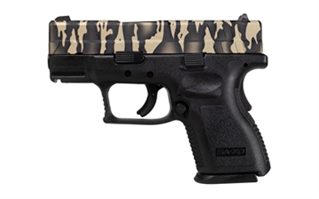 Picture of Springfield XD, Semi-automatic, Striker Fired, Sub-Compact, 9MM, 3", Tiger Stripe Camo Slide, Black Frame, 1-16 Round Mag, 1-13 Round Mag With Grip Extension, Right Hand, Fixed Sights, Polymer, Cerakote XDD9801HC-2