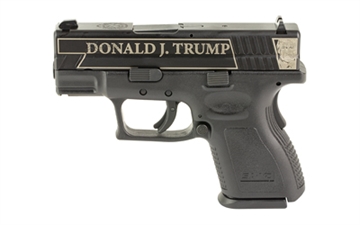 Picture of Springfield XD, Semi-automatic, Striker Fired, Sub-Compact, 9MM Pistol, 3" Barrel, Polymer Frame, Trump Engraved Slide With Black Frame, Fixed Sights, 1-16 Round Mag, 1-13 Round Mag With Grip Extension XDD9801HC2TRUMPSCT