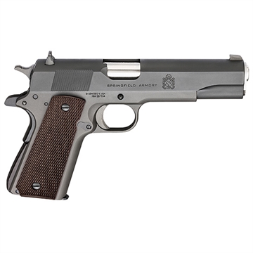 Picture of Springfield Armory 1911 Mil-Spec Defender Legacy 45 ACP 7+1 5" Satin Stainless Match Grade Barrel, Black Parkerized Serrated Carbon Steel Slide & Frame w/Beavertail, Checkered Wood Grip PBD9108L