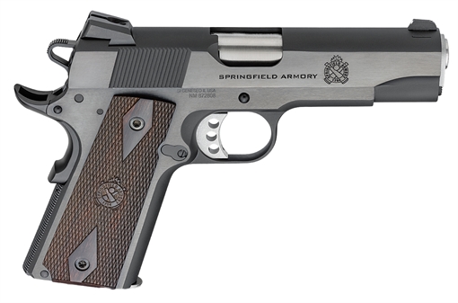 Picture of Springfield Garrison, 1911, Single Action Only, Semi-automatic, Metal Frame Pistol, Commander Size, 9MM, 4.25" Match Grade Barrel, Blued Finish, Black, Wood Grips, 3-Dot Combat Sights, Manual Thumb Safety, Grip Safety, 9 Rounds, 1 Magazine PX9417