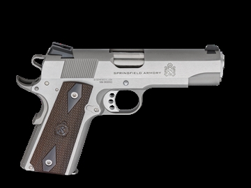 Picture of Springfield Garrison, 1911, Single Action Only, Semi-automatic, Metal Frame Pistol, Commander Size, 9MM, 4.25" Match Grade Barrel, Stainless Finish, Silver, Wood Grips, 3-Dot Combat Sights, Manual Thumb Safety, Grip Safety, 9 Rounds, 1 Magazine PX9417S