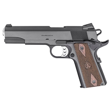 Picture of Springfield Garrison, 1911, Single Action Only, Semi-automatic, Metal Frame Pistol, Full Size, 9MM, 5" Match Grade Barrel, Blued Finish, Black, Wood Grips, 3-Dot Combat Sights, Manual Thumb Safety, Grip Safety, 9 Rounds, 1 Magazine PX9419