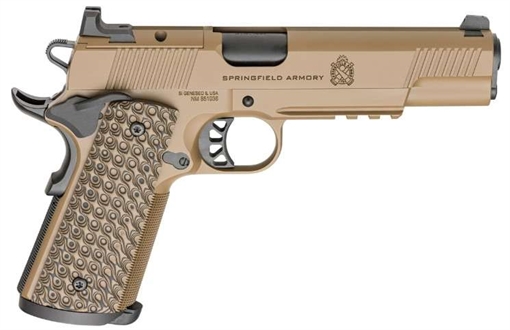 Picture of Springfield Tactical Response Pistol, Semi-automatic, 1911, Metal Frame Pistol with Rail, Full Size, 9MM, 5" Match Grade Barrel, Cerakote Finish, Coyote Brown, AOS Optic Cut, VZ Grips Hydra G10 Grips, Front Tritium and Black Rear Sight, 9 Rounds, 3 Magazines PC9129LRCBAOS