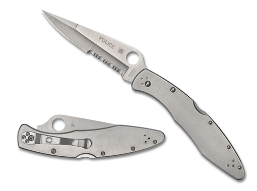Picture of Spyderco Police, 4.125" Folding Knife, Clip Point, Combo Edge, VG10/Satin, Stainless, Circle Thumb Hole/Pocket Clip C07PS