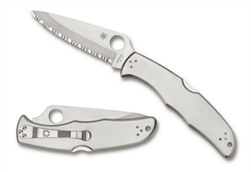 Picture of Spyderco Endura 4 3.85" Folding Clip Point Part Serrated VG-10 SS Blade Satin Stainless Steel Handle Includes Pocket Clip C10S