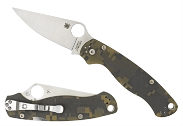 Picture of Spyderco Para Military 2, Folding Knife, 3.438" Blade, Clip Point, Plain Edge, CPM-S45V With Black DLC Finish, Camo G-10 Frame, Circle Thumb Hole/Pocket Clip C81GPCMOBK2
