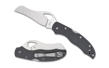 Picture of Spyderco Gooney, Folding Knife, 3.46" Hawkbill/Reverse S Blade, 9Cr14MoV Blade Steel, 7.70" Overall Length, Back Lock, Satin Finish, Silver Blade, Gray G-10 Handle BY24GPGY