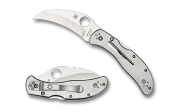Picture of Spyderco Harpy Clipit, Folding Knife, 2.75" Hawkbill Blade, 6.63" Overall Length, VG-10 Stainless Blade Steel, Plain Edge, Satin Finish, Silver, Silver Stainless Handle, Back Lock C08P