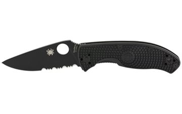 Picture of Spyderco Tenacious Lightweight 3.39" Folding Part Serrated Black Oxide 8Cr13MoV SS Blade/Black Bi-Directional Texturing FRN Handle Includes Pocket Clip C122PSBBK