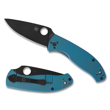 Picture of Spyderco Tenacious, Folding Knife, 3.35" Drop Point Blade, 8Cr13MoV Blade Steel, 7.74" Overall Length, R.I.L. Lock, Black Oxide Finish, Black Blade, Blue Titanium Handle C122TIBLBKP