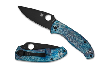 Picture of Spyderco Tenacious, Folding Knife, 3.35" Drop Point Blade, D-2 Blade Steel, 7.74" Overall Length, R.I.L. Lock, Black Oxide Finish, Black Blade, Blue Titanium Handle with Disarray Finish C122TIBLBKD2P