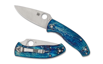 Picture of Spyderco Tenacious, Folding Knife, 3.35" Drop Point Blade, D-2 Blade Steel, 7.74" Overall Length, R.I.L. Lock, Satin Finish, Silver Blade, Blue Titanium Handle with Disarray Finish C122TIBLD2P