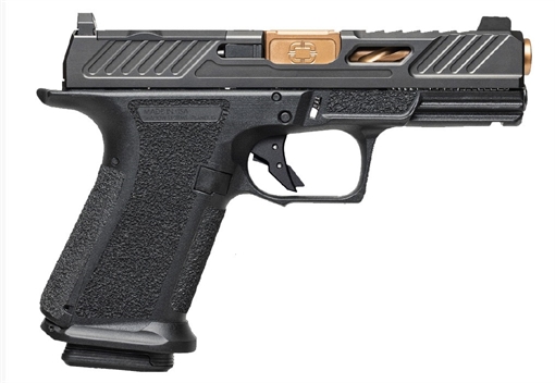 Picture of Shadow Systems MR920 Elite, Striker Fired, Semi-automatic, Polymer Frame Pistol, Compact, Massachusetts Compliant, 9MM, 4" Bronze Spiral and Fluted Barrel, Nitride Finish Elite Slide, Black, Optics Ready, Flat Faced Trigger, Trigger Safety, Tritium Front Night Sight, 10 Rounds, 2 Magazines SS-1085
