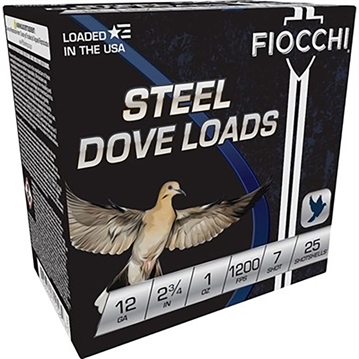 Picture of FIOCCHI STEEL DOVE & QUAIL AMO 12GA 2.75 IN 1 1/8 OZ #7 1375FPS 25-RD ( 10 BOXES PER CASE ) 12DLS187