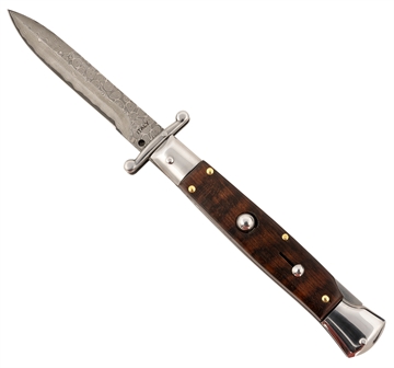 Picture of Steel River Knives Spartan 3.9" Italian Bayonet Damascus 5.1" Snakewood Buffalo Horn Handle Side Open SGSWRDAM