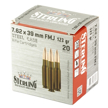 Picture of Sterling Steel Cased 7.62x39 Rifle Ammo - 123 Grain FMJ 20rd Box SRL8698779967284 8698779967604