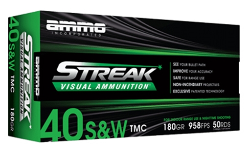 Picture of STREAK Ammunition Streak Target, 40 S&W, 180 Grain, Total Metal Coating Non-Incendiary Green Tracer Bullet, 50 Round Box 40180TMC-GRN 40180TMCSTRKGRN50