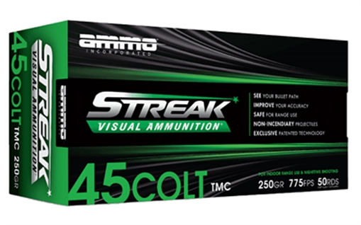 Picture of STREAK Ammunition Streak Target, 45 Long Colt, 250 Grain, Total Metal Coating Non-Incendiary Green Tracer Bullet, 50 Round Box 45C250TMC-GRN