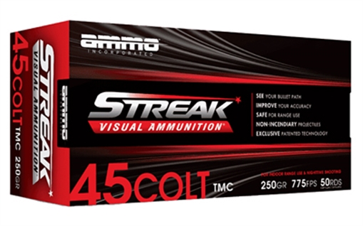Picture of STREAK Ammunition Streak Target, 45 Long Colt, 250 Grain, Total Metal Coating Non-Incendiary Red Tracer Bullet, 50 Round Box 45C250TMC-RED