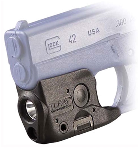 Picture of Streamlight TLR-6, Tac Light with Laser, Fits Glock 42/43, Black, C4 LED, 100 Lumens, Red Laser, 2x CR1/3 N Lithium Batteries 69270