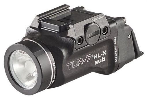 Picture of Streamlight TLR-7 HL-X Sub, Weaponlight, Short 1913, Fits S&W M&P M2.0 Subcompact, Beretta Px4 Storm Subcompact, SA XD-E/XD-S/Hellcat Pro, HK45 Compact, and SIG P365 XMACRO, 1,000 Lumens with SL-B9 Battery, 30 Minute Run Time, Matte Finish, Black with Silver Ring 69505