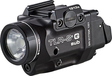 Picture of Streamlight Streamlight TLR-8 G Sub, White LED with Green Laser, For 1913 Short Models, 500 Lumens, Anodized Finish, Black, Includes (1) CR123a Battery, Low and High Switches 69438