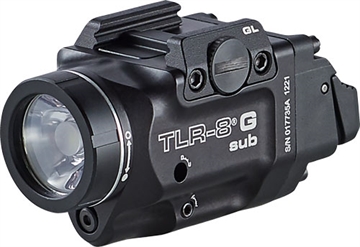 Picture of Streamlight Streamlight TLR-8 G Sub, White LED with Green Laser, Fits Glock 43x/48 MOS, 500 Lumens, Anodized Finish, Black, Includes (1) CR123a Battery, Low and High Switches 69431