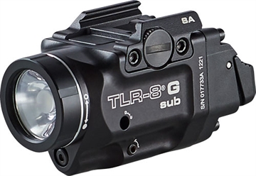 Picture of Streamlight Streamlight TLR-8 G Sub, White LED with Green Laser, Fits Springfield Hellcat, 500 Lumens, Anodized Finish, Black, Includes (1) CR123a Battery, Low and High Switches 69439