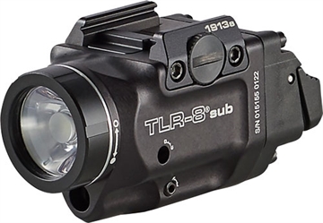 Picture of Streamlight Streamlight TLR-8 Sub, White LED with Red Laser, For 1913 Short Models, 500 Lumens, Anodized Finish, Black, Includes (1) CR123a Battery, Low and High Switches 69418
