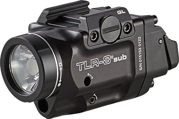 Picture of Streamlight Streamlight TLR-8 Sub, White LED with Red Laser, Fits Glock 43x/48 MOS, 500 Lumens, Anodized Finish, Black, Includes (1) CR123a Battery, Low and High Switches 69411