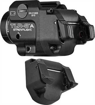 Picture of Streamlight TLR-8A Flex, Black Finish, 500 Lumens, 1.5 Hour Runtime, Red Laser, Comes with High and Low Switch and (1) CR123A Lithium Battery 69414
