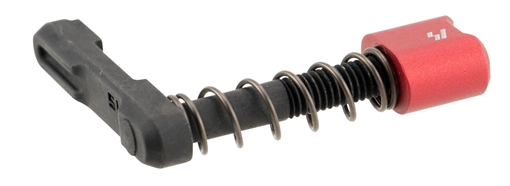 Picture of Strike Industries Magazine Catch made of Black Steel with Red 6061-T6 Aluminum Release Button for AR-Platform ARSMCRED
