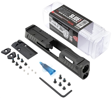 Picture of Strike Industries P365-SLIDE-BK Strike Replacement Slide Black Stainless Steel with Ports & Optics Cut for Sig P365 Includes Charging Handle P365SLIDEBK