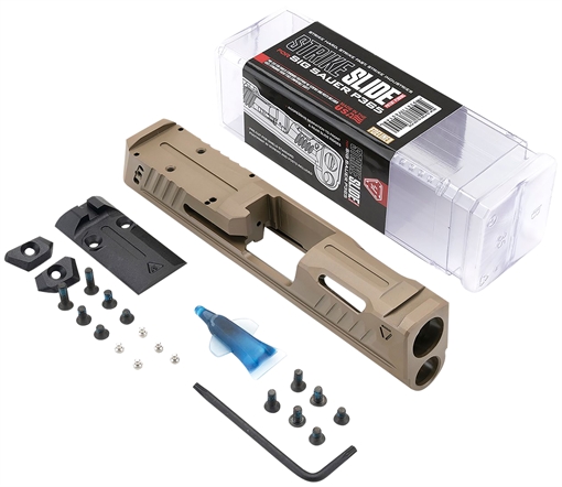 Picture of Strike Industries P365-SLIDE-FDE Strike Replacement Slide Flat Dark Earth Stainless Steel with Ports & Optics Cut for Sig P365 Includes Charging Handle P365SLIDEFDE