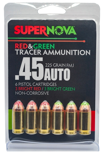 Picture of SUPERNOVA  AMMUNITION AMO 45 AUTO 225GR FMJ COMBO 3/GREEN 3/RED TRACER 6RD ( 60 BOXES PER CASE ) PMSN45AC-MP 860014631733