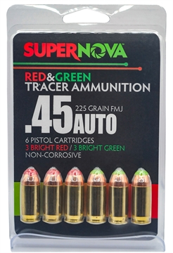 Picture of SUPERNOVA  AMMUNITION AMO 45 AUTO 225GR FMJ COMBO 3/GREEN 3/RED TRACER 6RD ( 60 BOXES PER CASE ) PMSN45AC-MP 860014631733
